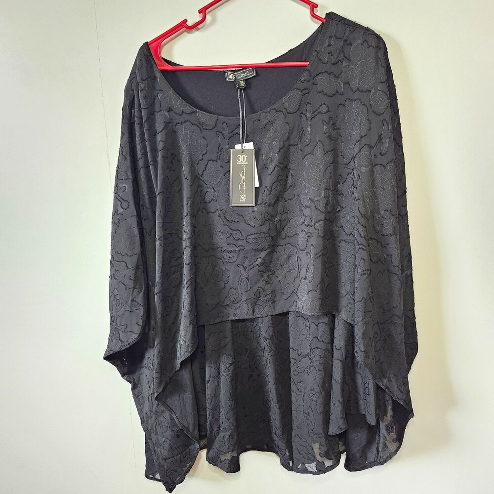 DG2 Diane Gilman 30th Anniversary Black Floral Jacquard Double Layer Top NWT 3X